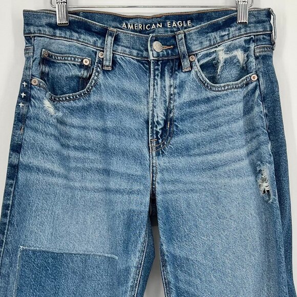 American Eagle Women's '90s Straight Jeans Size 4 Blue Distressed Patched - Picture 3 of 12